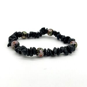 Cloisonne Black Stone Chip Bracelet Colorful Enamel Accent Beads Stretch Jewelry
